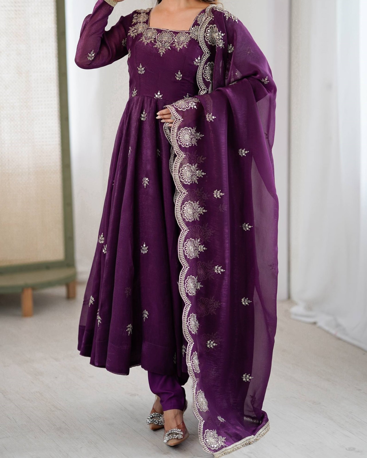 Traditional Wear Crunchy Silk Purple Gown Bottom With Dupatta For Women & Girls