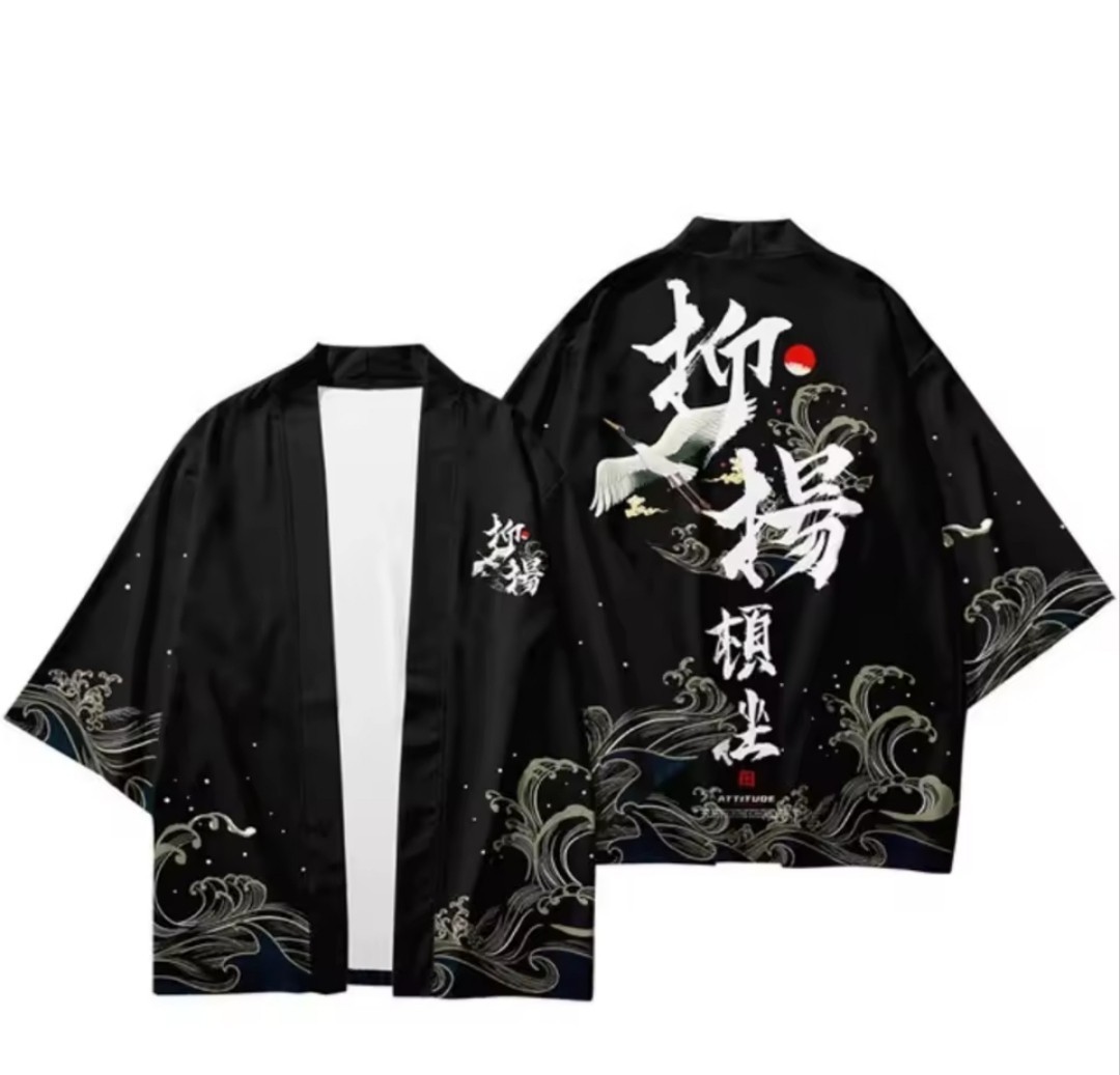 Japanese Crane Kimono Cardigan Unisex Yukata Haori Summer Beach Streetwear Jacke