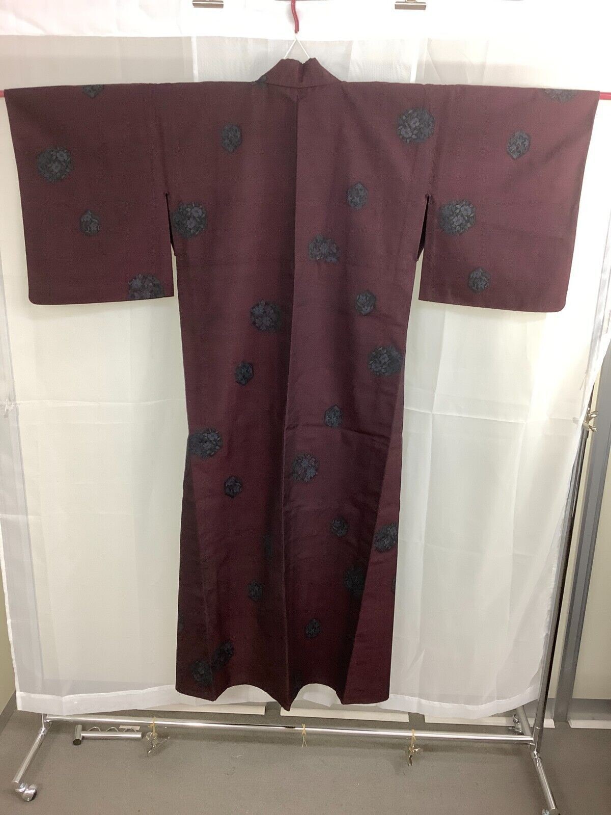 Japanese Vintage Kimono Silk Fabric Wine Red Oshima Expensive Flower 151cm