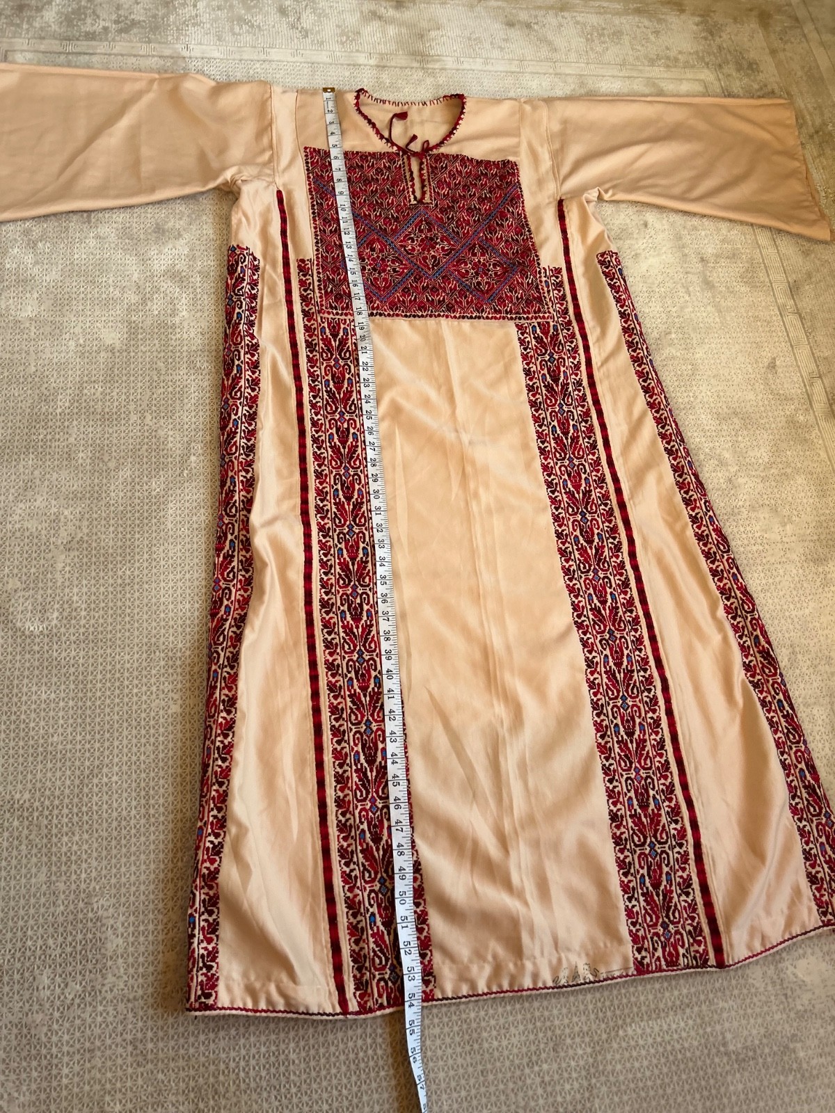 Beige Vintage Palestinian Traditional Thobe- Hand-Embroidered Tatreez Dress