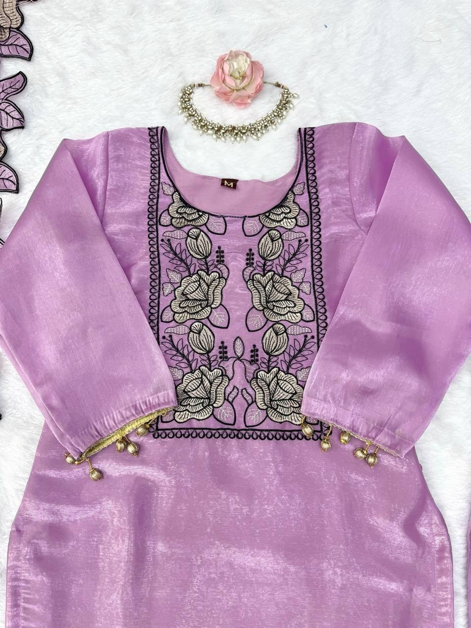 Stunning Mul Chanderi Lilac Salwar Kameez With Dupatta For Party Wear