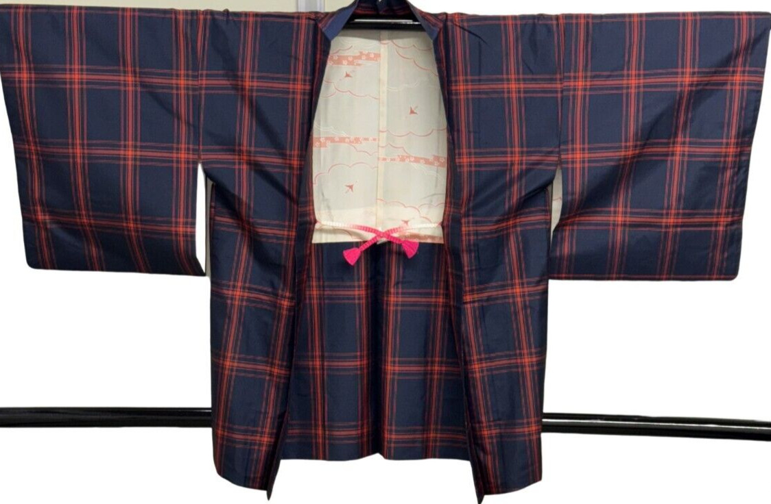 Japanese Vintage Kimono Haori Jacket Polyester Navy Check Tradition Height 33in
