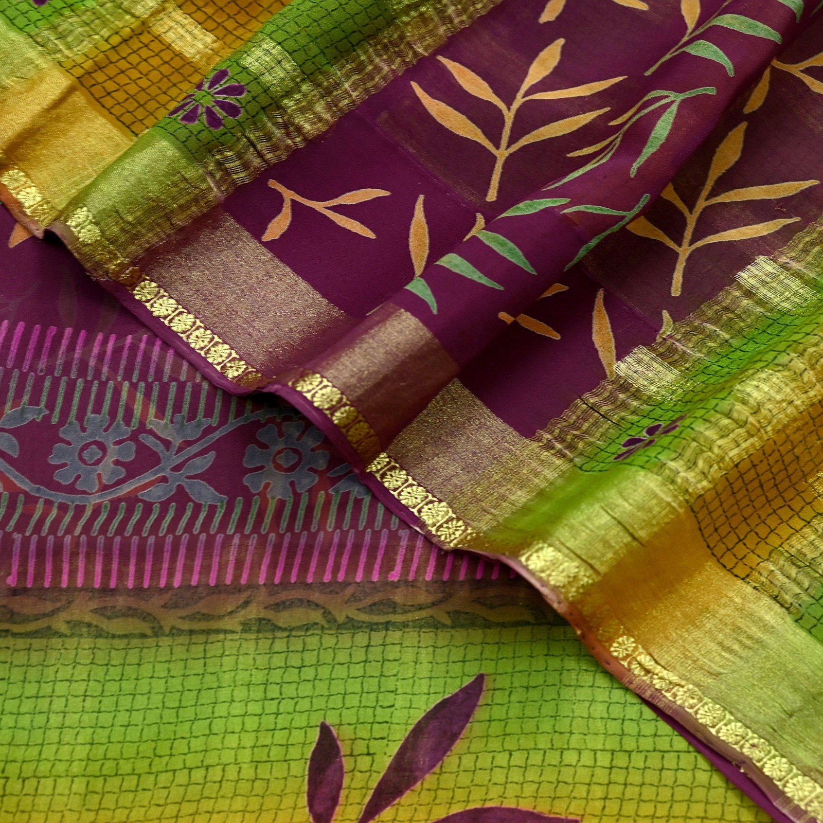 Vintage Sari Maroon & Green Pure Georgette Silk Printed Saree Craft Fabric Zari
