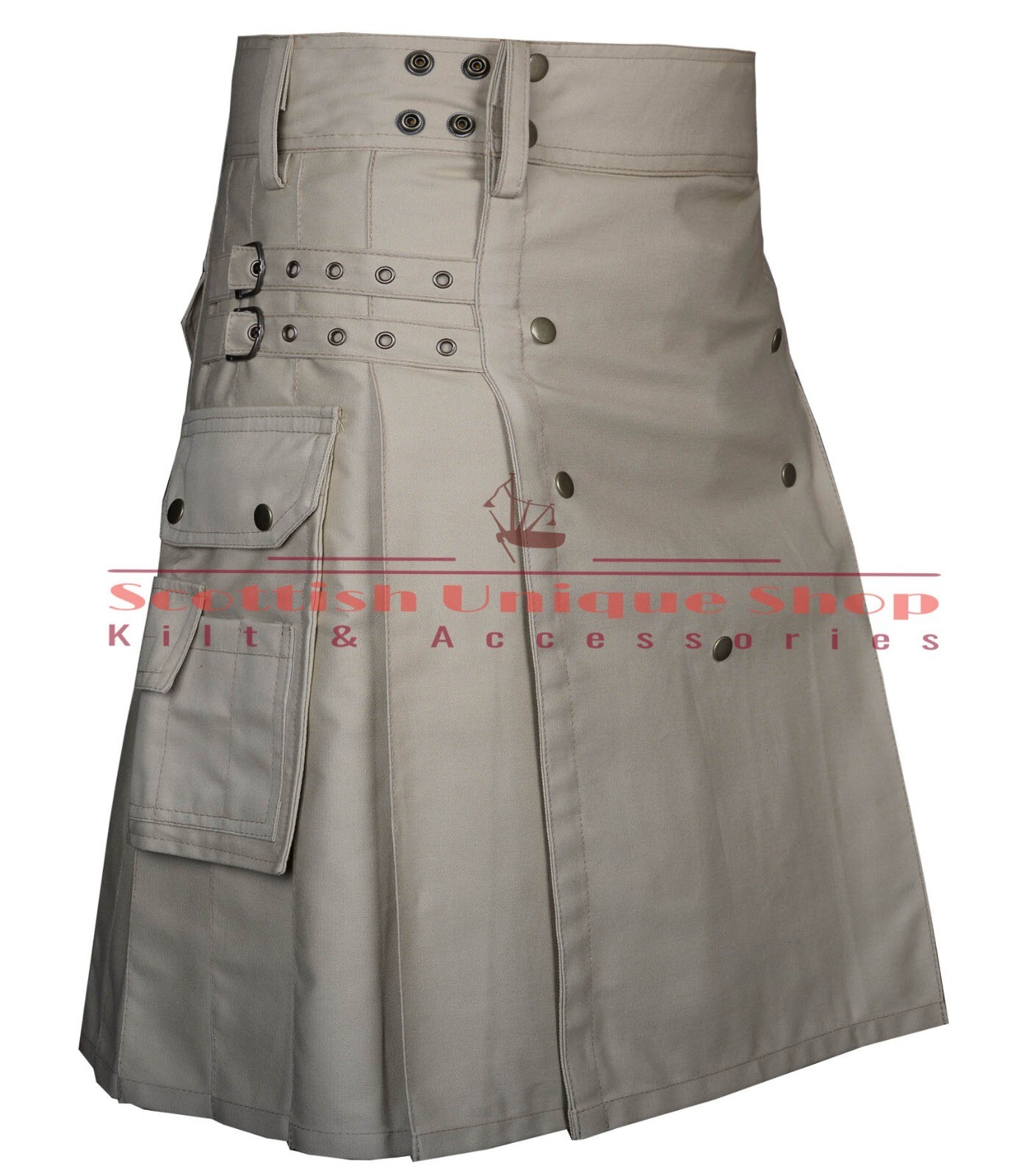 Scottish Handmade Khaki/Beige Cotton Kilt Utility Kilt For Men Cargo Pockets