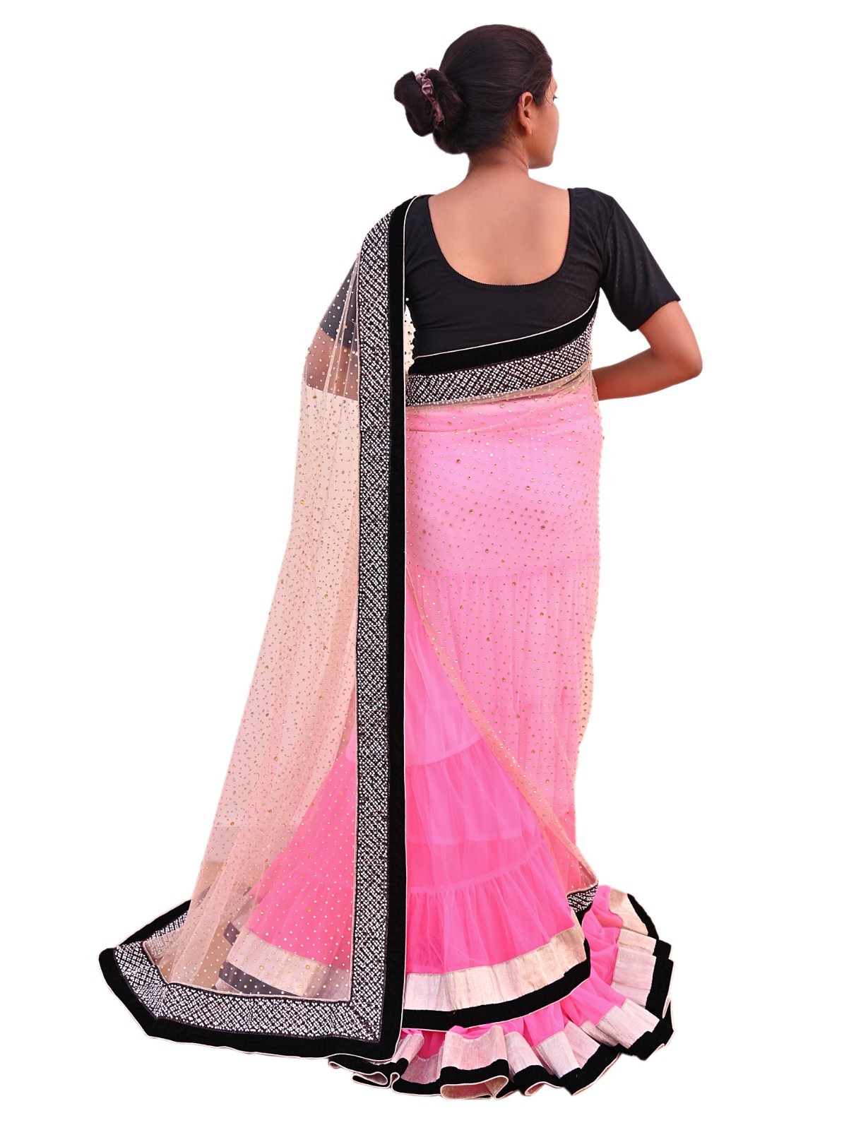 Vintage Pink Net Lehenga Saree Heavy Hand Embroidery 6 Yards Soft Mesh Fabric