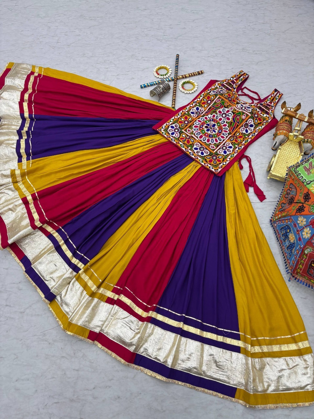Indian Multicolor Pure Cotton Lehenga Choli Set Women Kutchi Embroidery Navratri