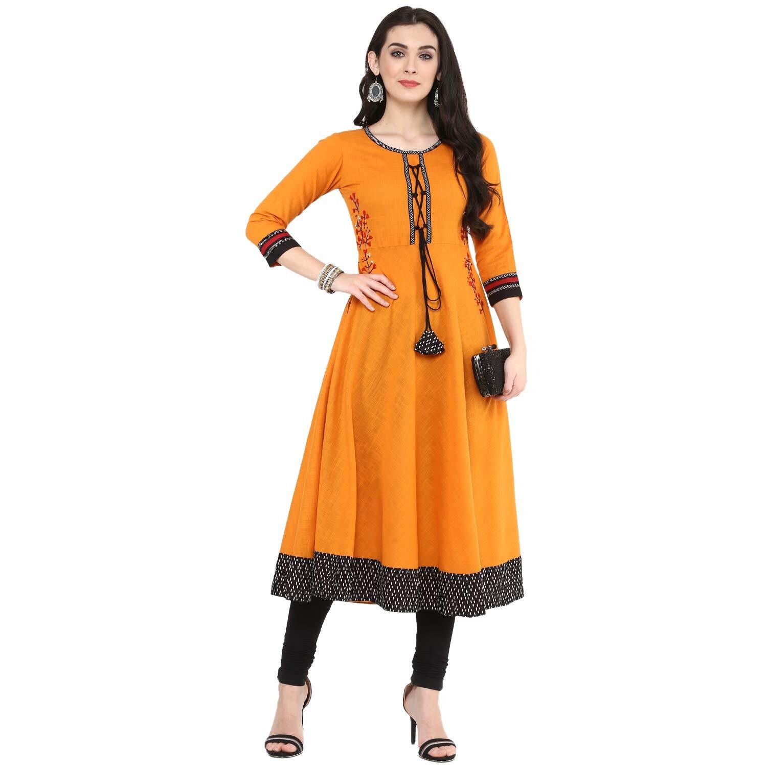 Women’s Embroidered Mustard Cotton Slub Anarkali Kurta, 3/4th Sleeves