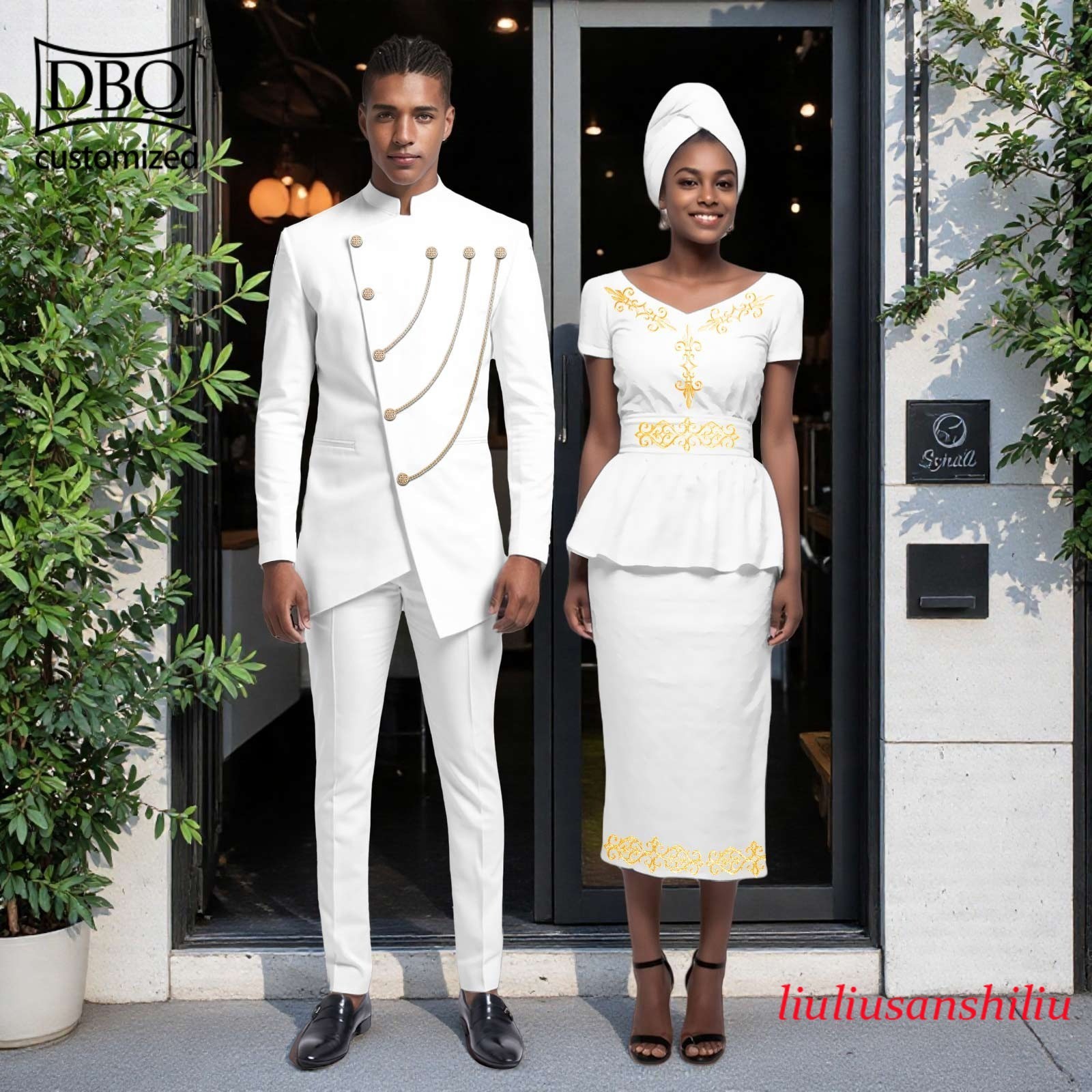 African Couple Matching Clothes Solid Men Jacket Pants Set Women Shirt Skirt Set