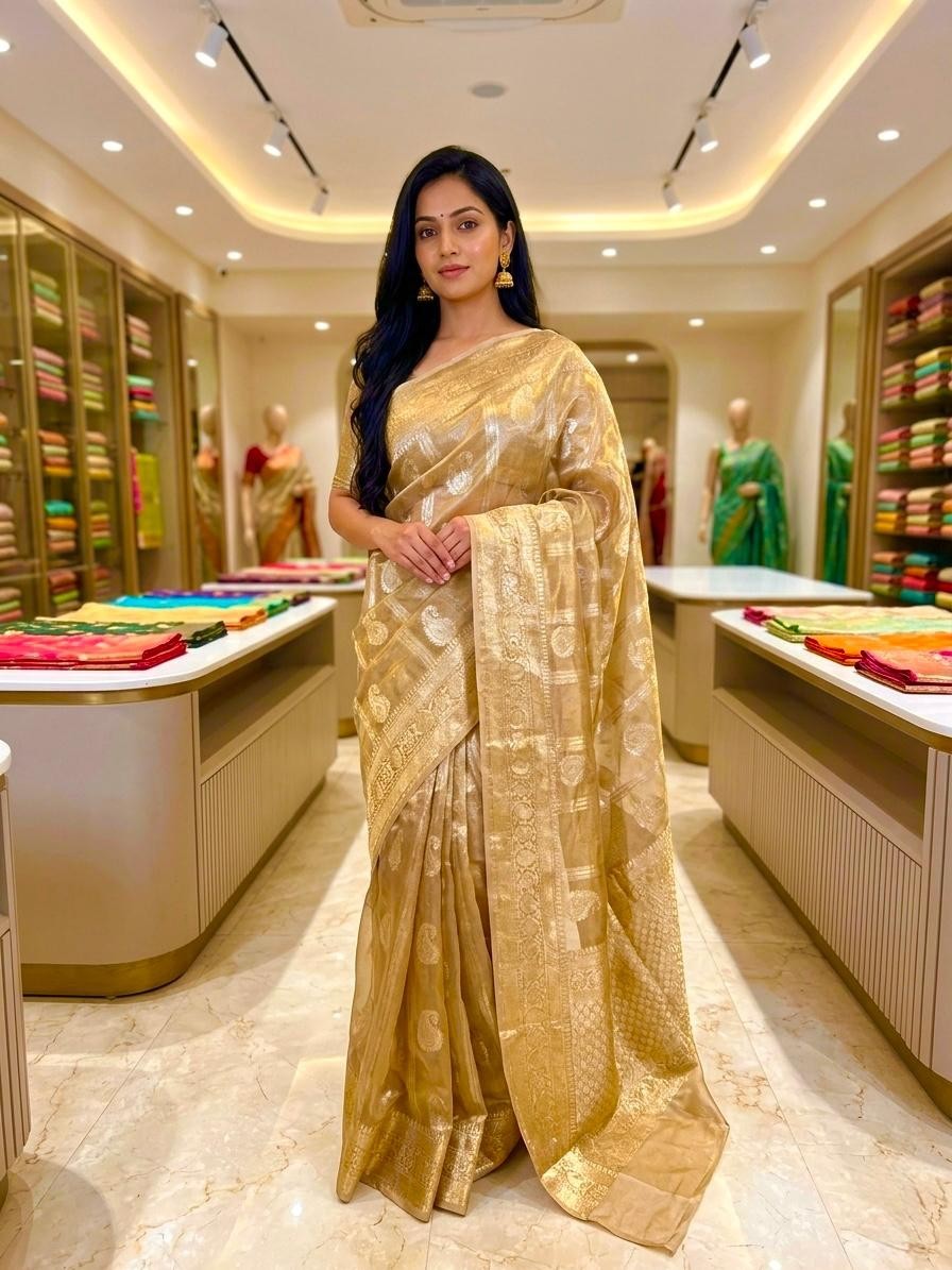 Metallic Tissue Silk Saree Gold Silver Zari Border Indian Ethnic Party Wear Sari