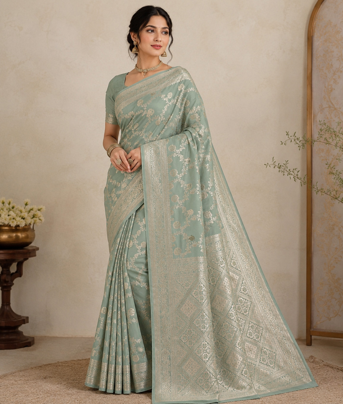 Pure Katan Silk Saree, Sage Green Handwoven Silver Zari, Bridal Wedding Drape