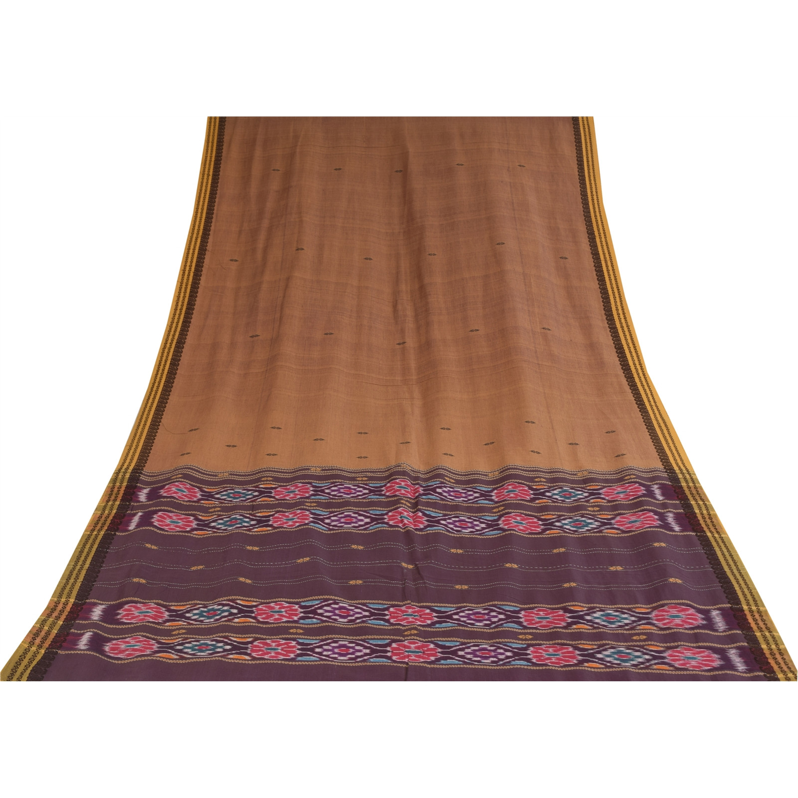Sanskriti Vintage Brown Sarees Pure Cotton Woven Ikat Sari Premium Craft Fabric