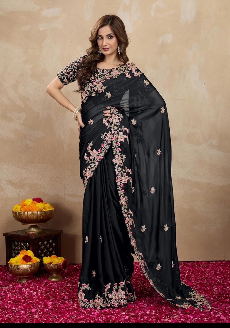 Women’s Rangoli Silk Embroidered Saree With Unstitch Blouse Piece Black
