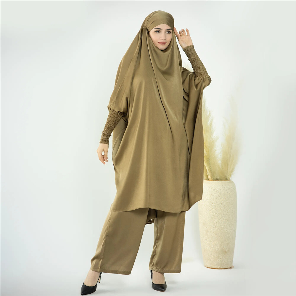 2pcs Set Abaya Women Muslim Prayer Tops Wide Leg Pant Prayer Khimar Islamic Arab