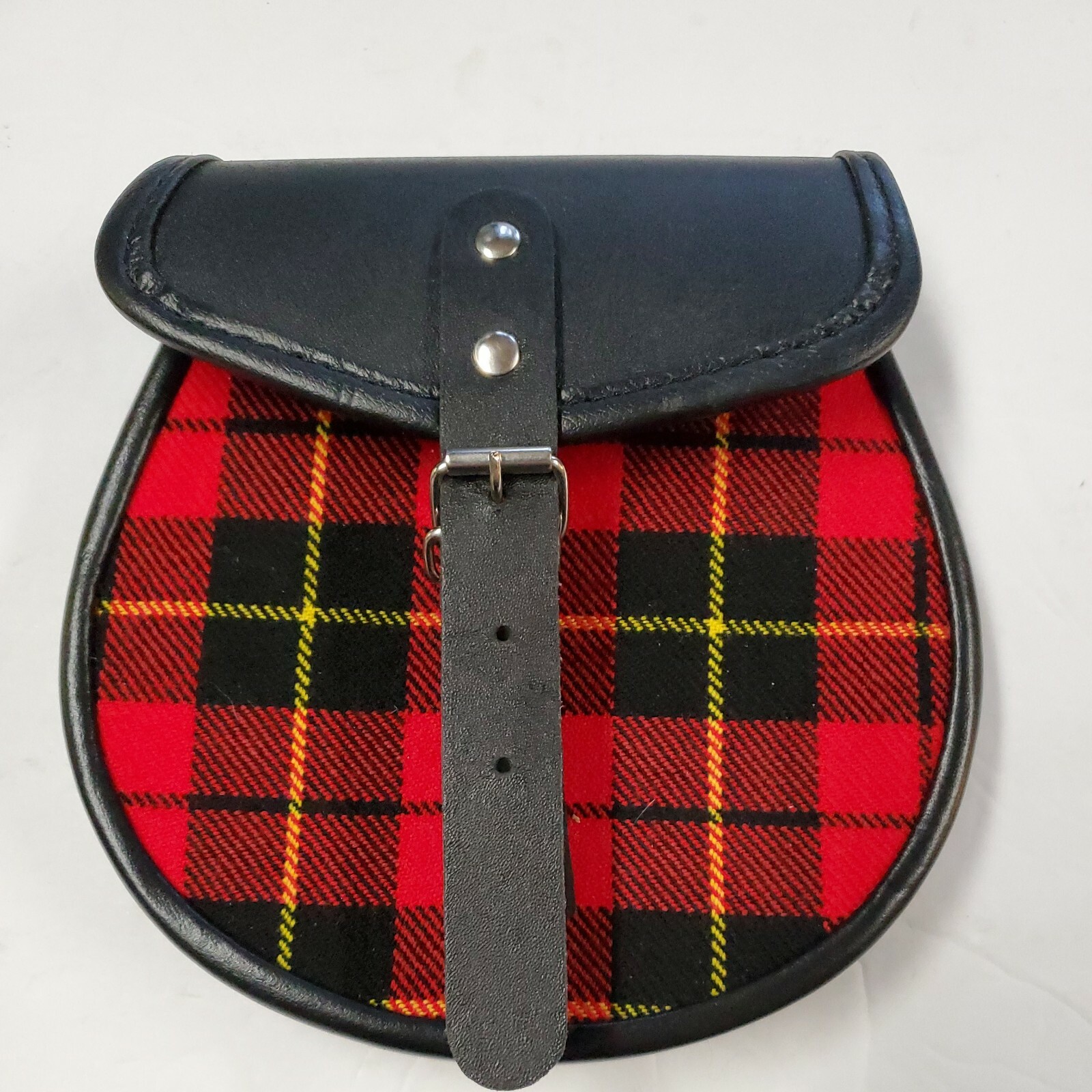Highlander Sporran Pouch Black And Red Plaid, Black Leather Belt Size LG.