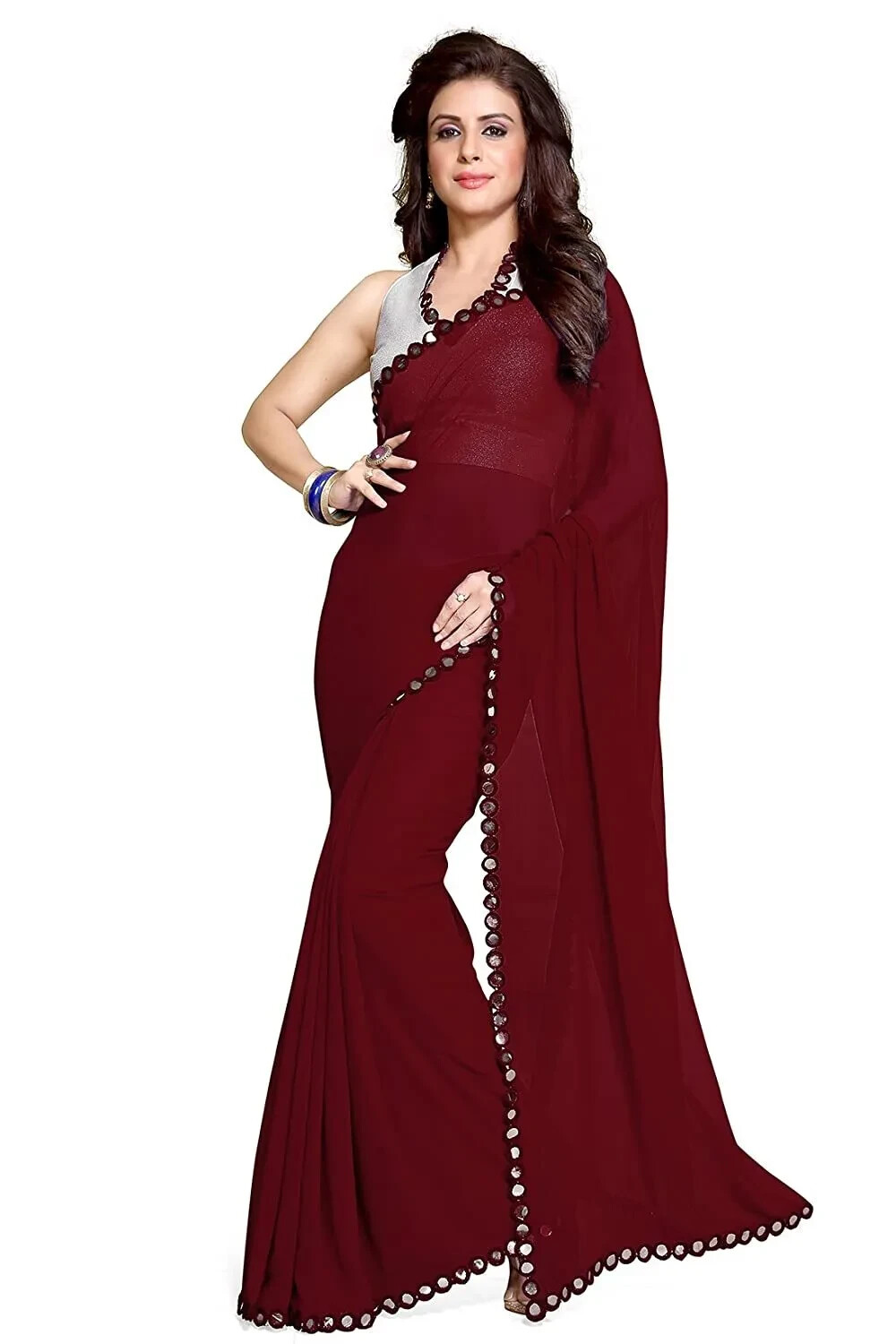 Women Georgette Designer Mirror Border work Plain Saree Blouse Maroon 1 Pcs Set