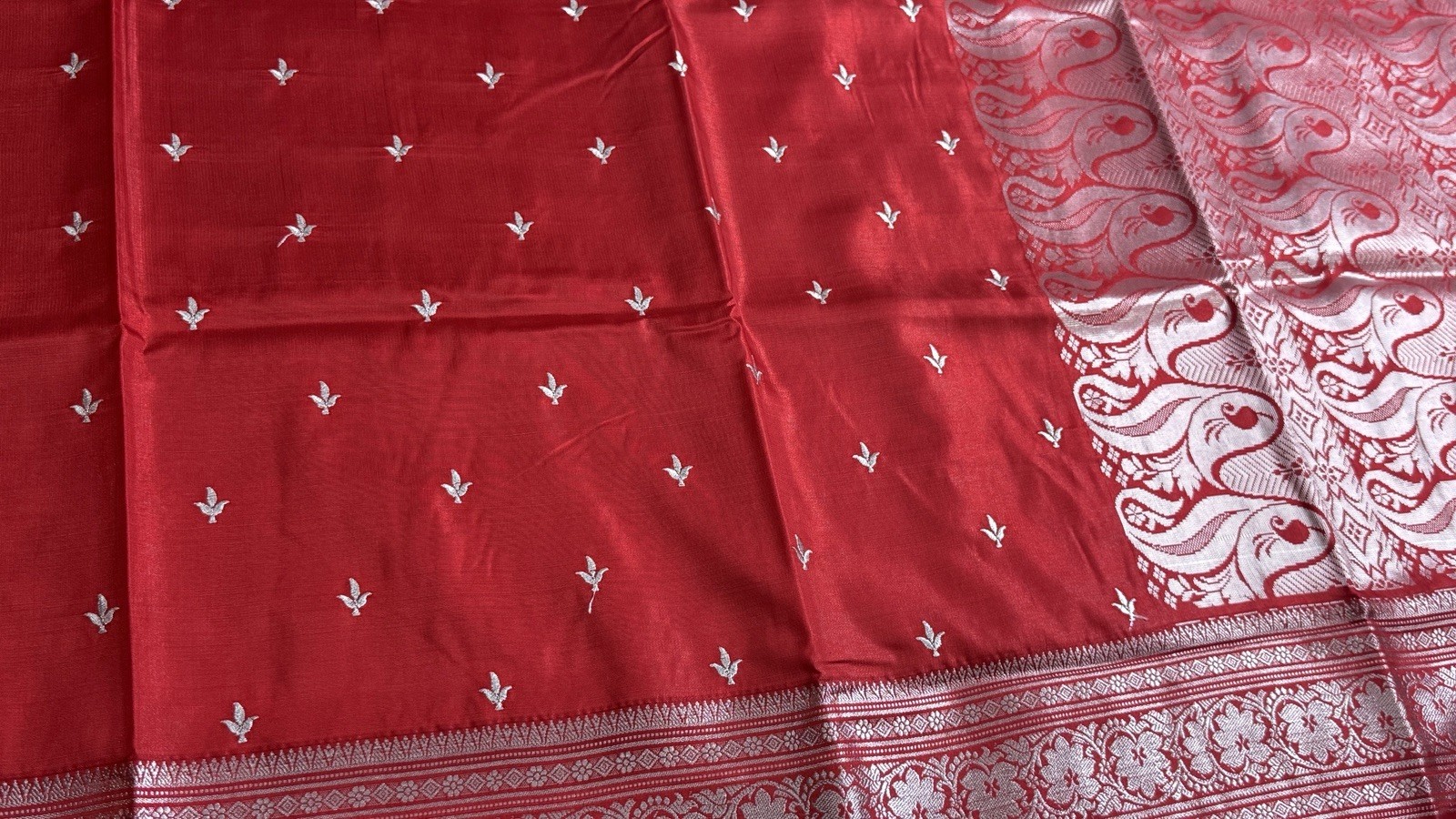 Red Satin Silk Saree | Silver Woven Border, Traditional Indian Festive Wear