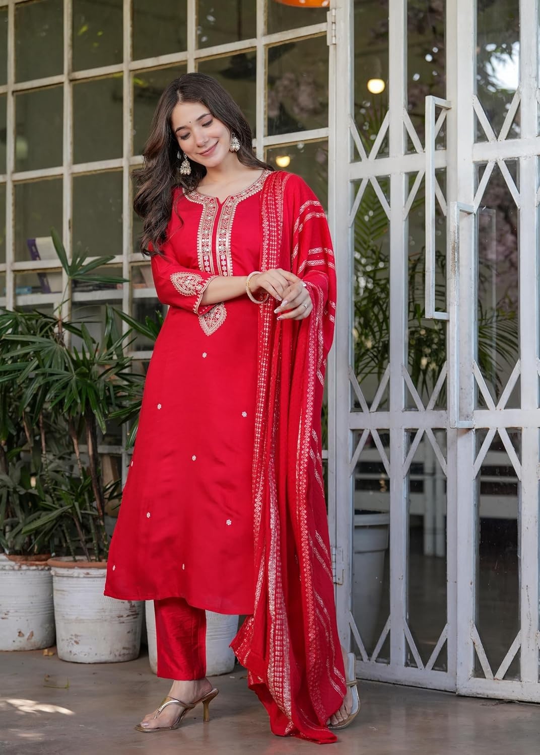 Women Embroidered Viscose Chanderi Fabric Straight Kurta, Pant and Dupatta Set
