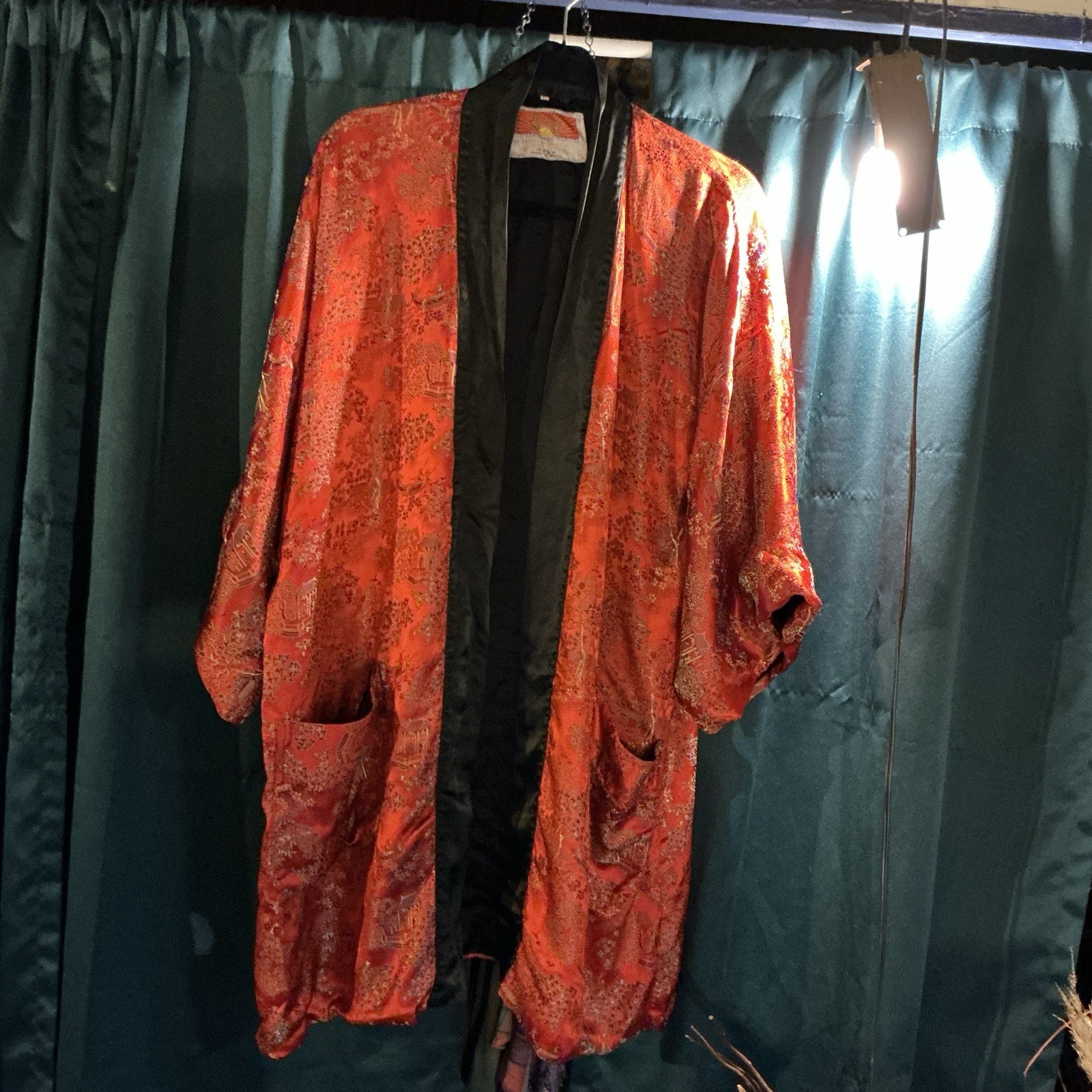 Vintage Oriental Kimono Robe L Red Black Satin Asian Print Lounge Duster Boho