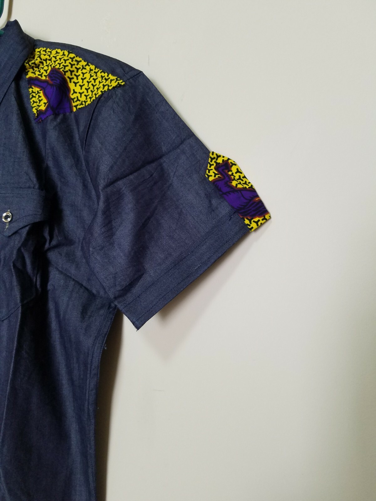 Men’s Ankara On Jean Shirt African Dashiki Blue Multi Color Armpit-size: 19.5″