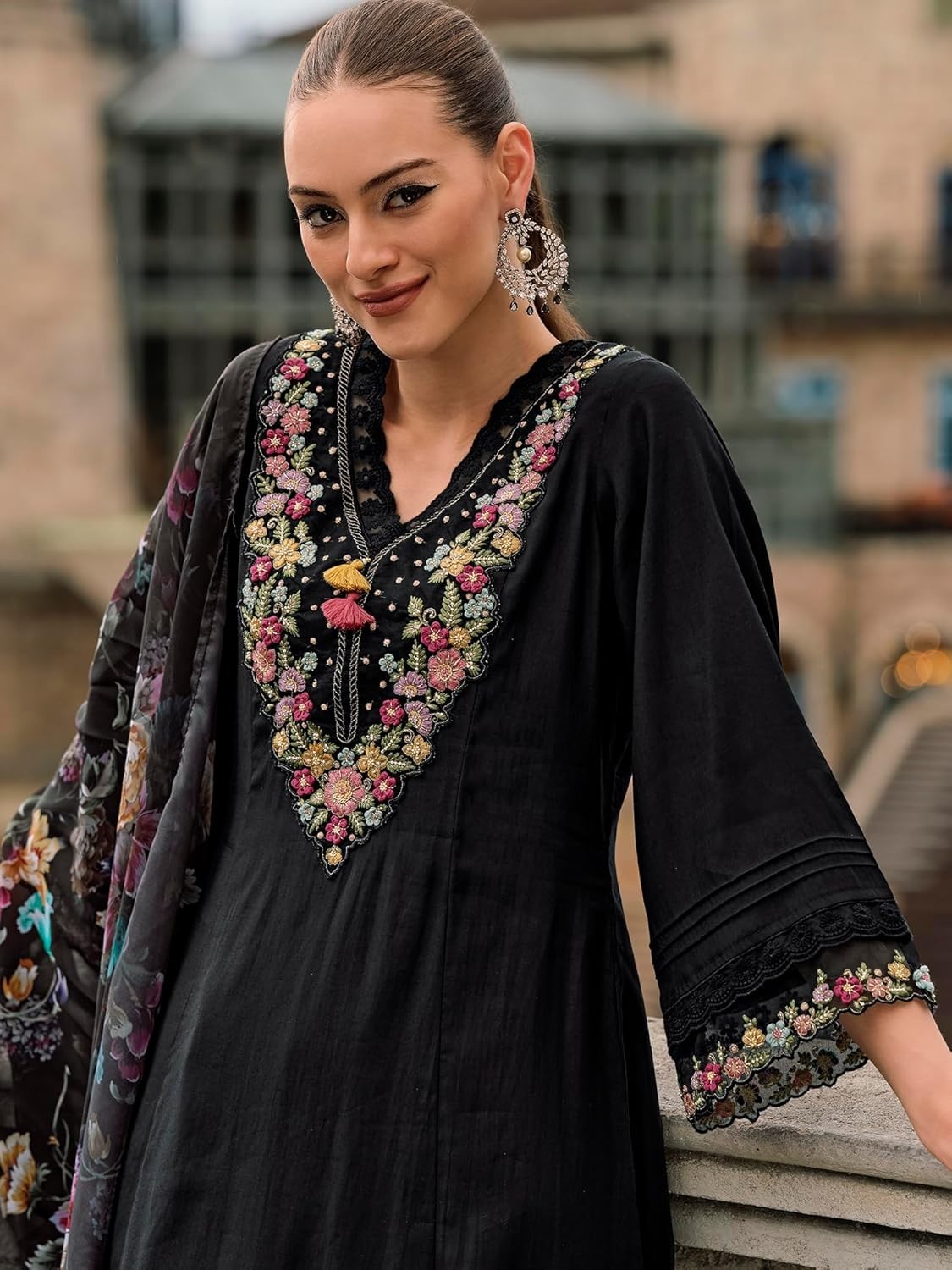 Women’s Silk Blend Embroidered A-Line Kurta Pant with Dupatta Set