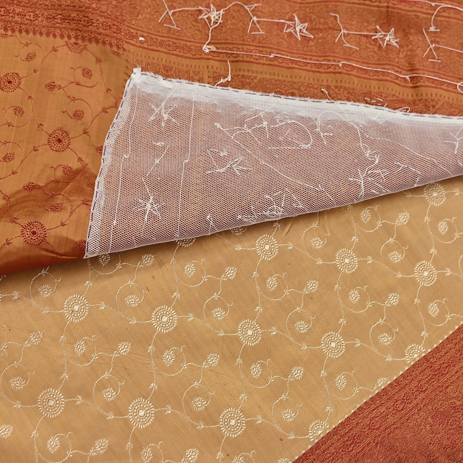 Indian Vintage Beige & Maroon Heavy Saree Pure Satin Silk Hand Embroidered 5yd