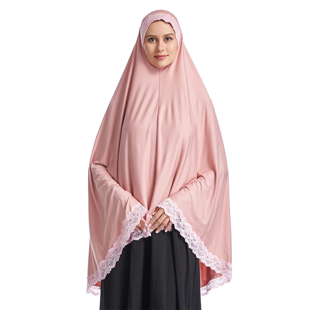 Muslim Women Ramadan Scarf Hijab Islam Prayer Turban Amair Lace Trim Headcover