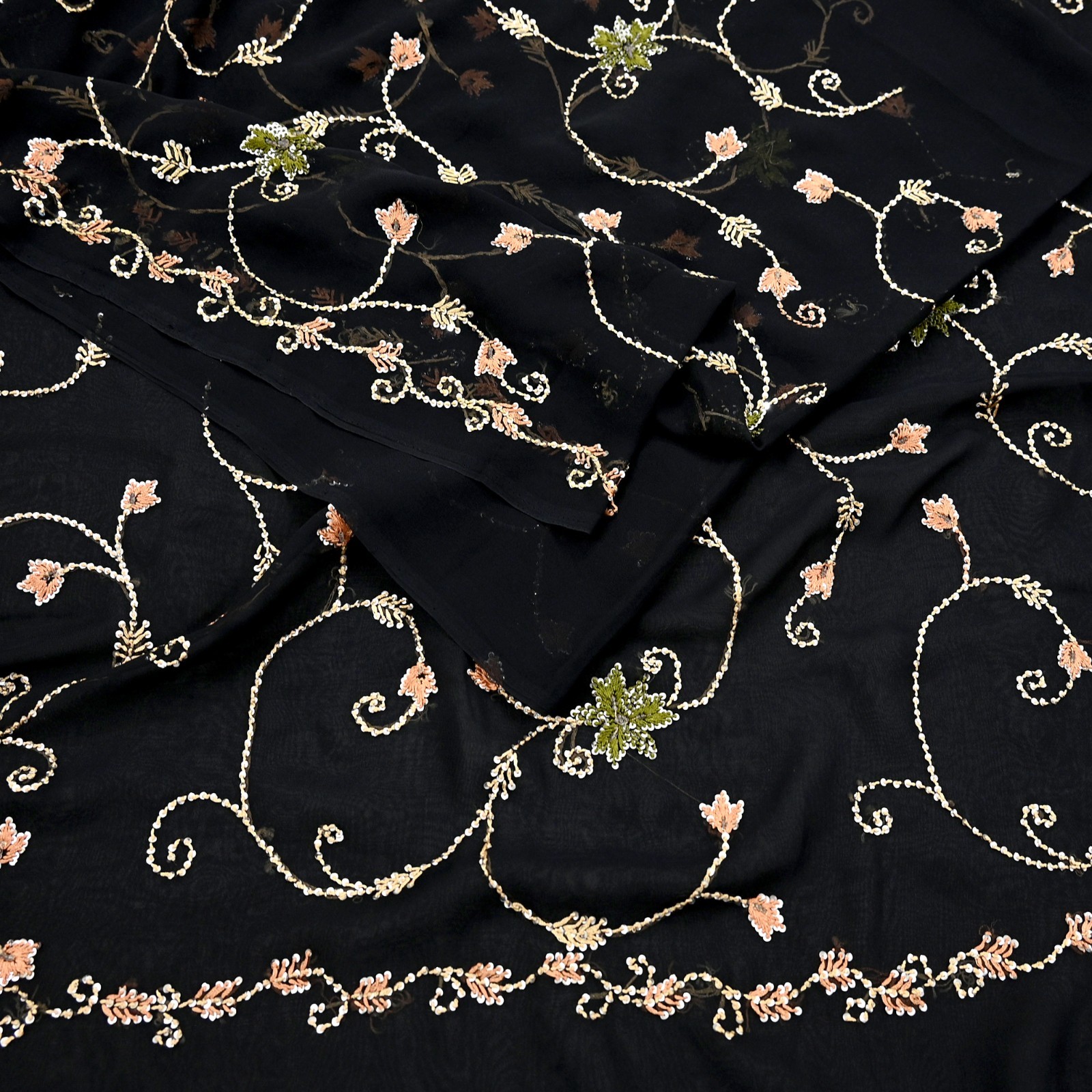 Indian Vintage Heavy Sari Black Pure Georgette Silk Hand Beaded Sarees Ethnic
