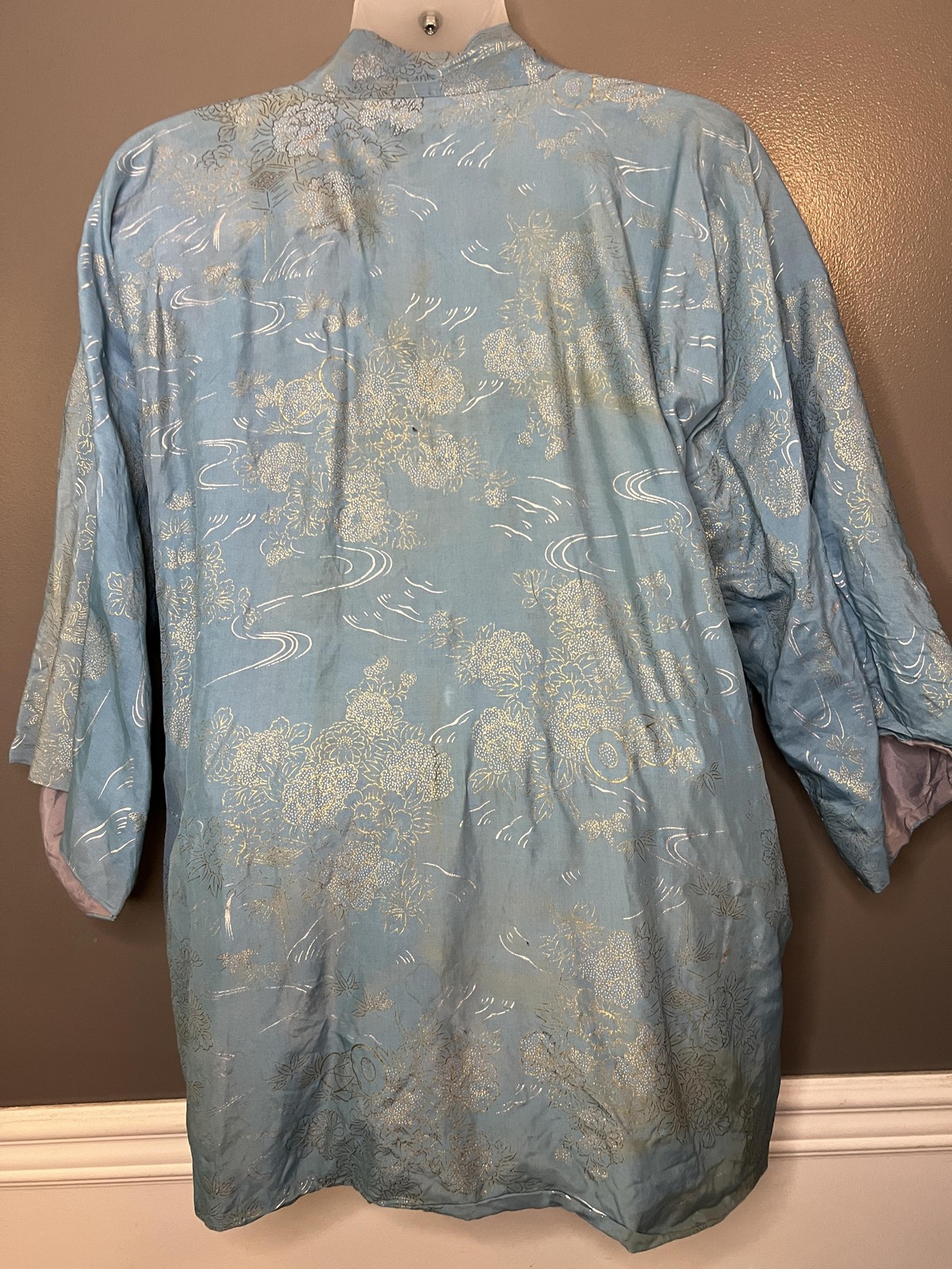 Kimono Robe Womens One Size Blue Gold Floral Print Satin Open Front Long Sleeve