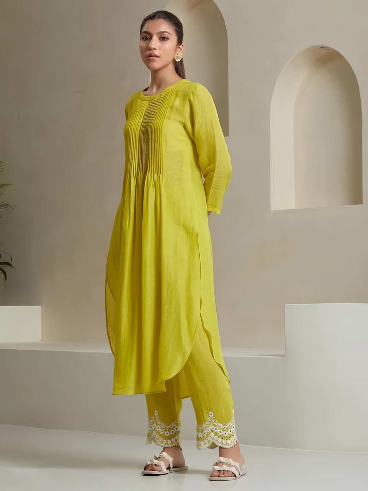 Lime Yellow Kurta with Embroidered Palazzo Pants 3/4 Sleeve Casual Wear Set