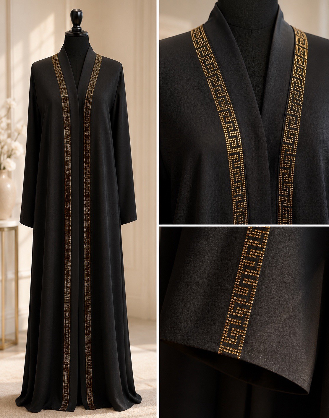 Eleganta Black Open Abaya | Handmade Gold Rhinestone Designer Abaya