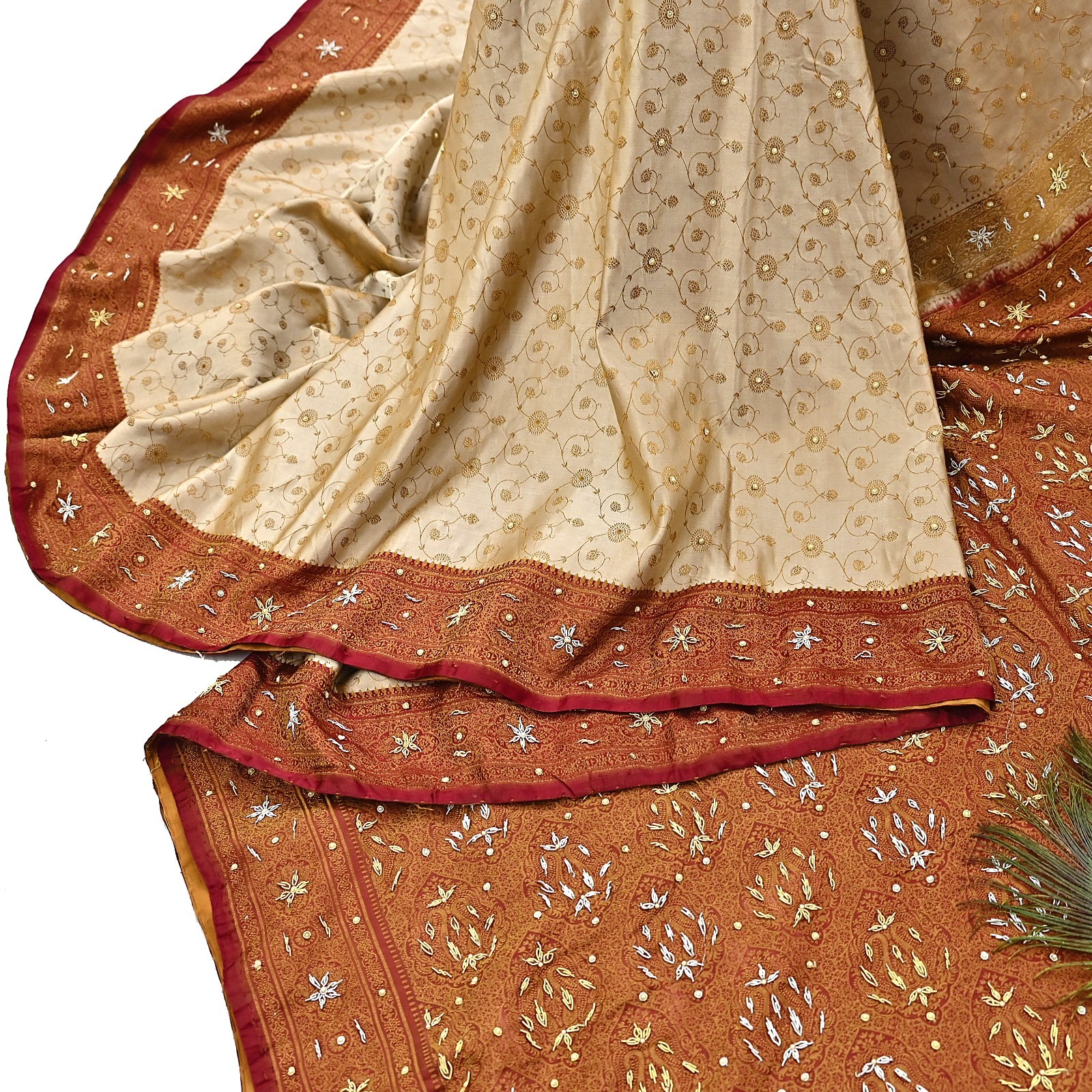 Indian Vintage Beige & Maroon Heavy Saree Pure Satin Silk Hand Embroidered 5yd