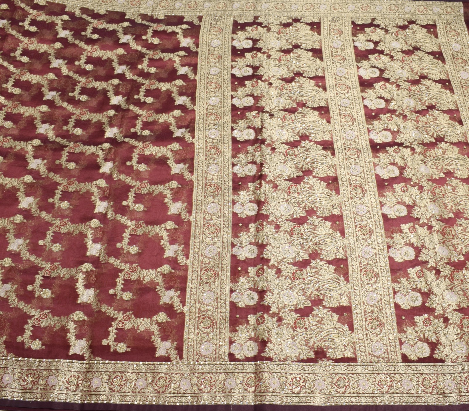 Sushila Vintage Maroon Art Tissue Saree Woven Zari Embellish HEAVY Sari Fabric