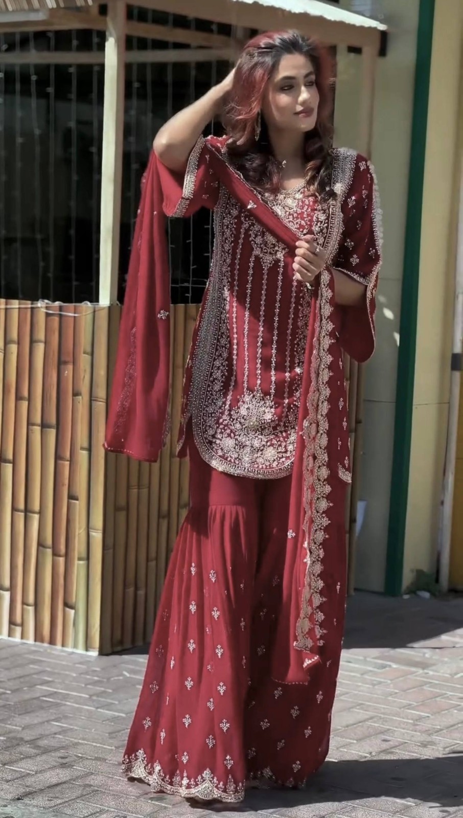 New Designer Maroon Star Georgette Palazzo Suit With Dupatta For Indian Wedding