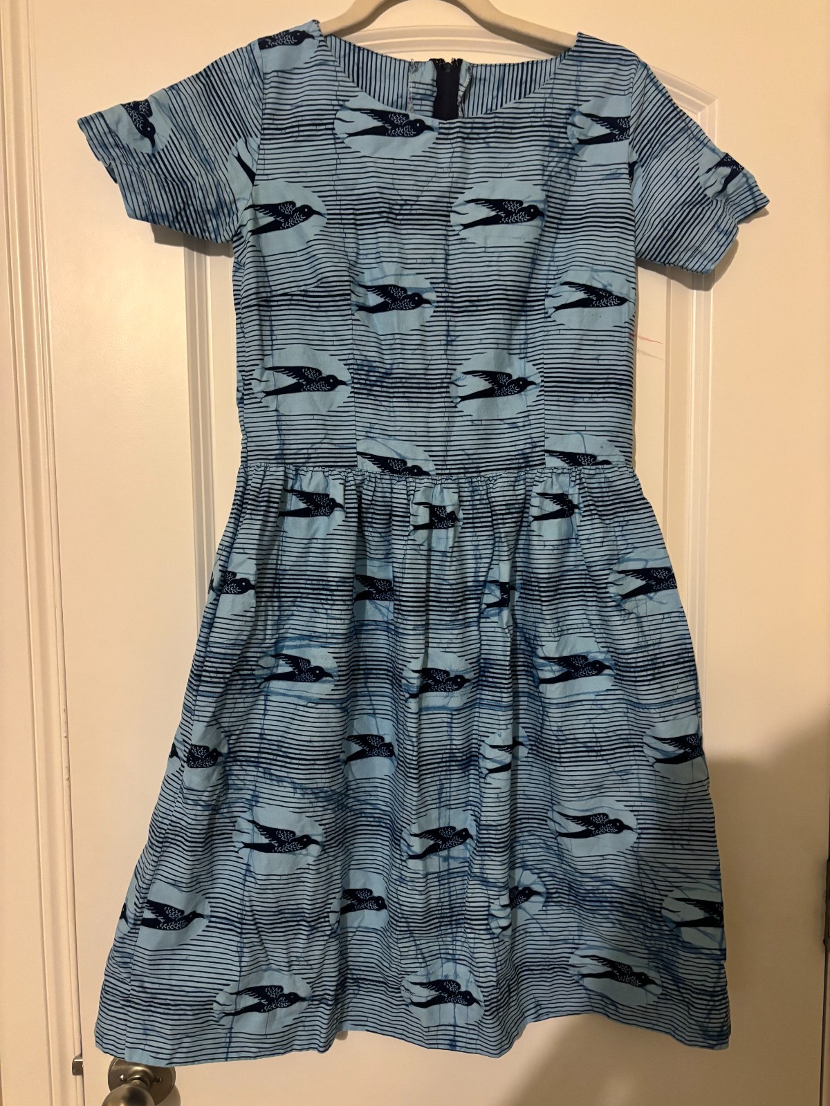 Handmade African Wax Print Bird Dress Blue Cotton Fit Flare Pockets 30W