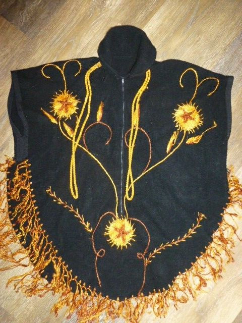 Vintage Mexican Black Gold Wool Poncho Cape Embroidered Fringe