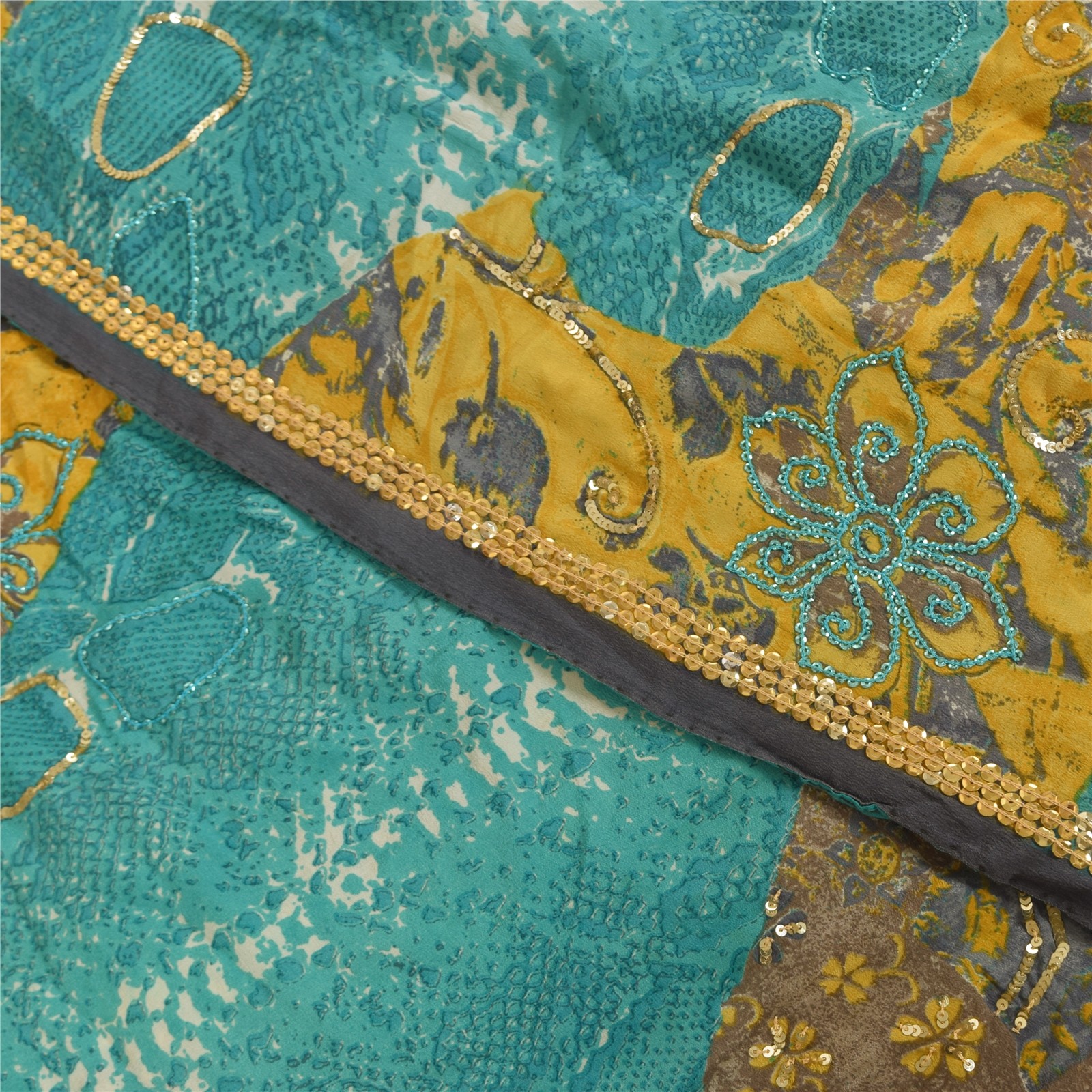 Sanskriti Vintage Sarees Blue & Yellow Pure Crepe Print Embroidered Sari Fabric