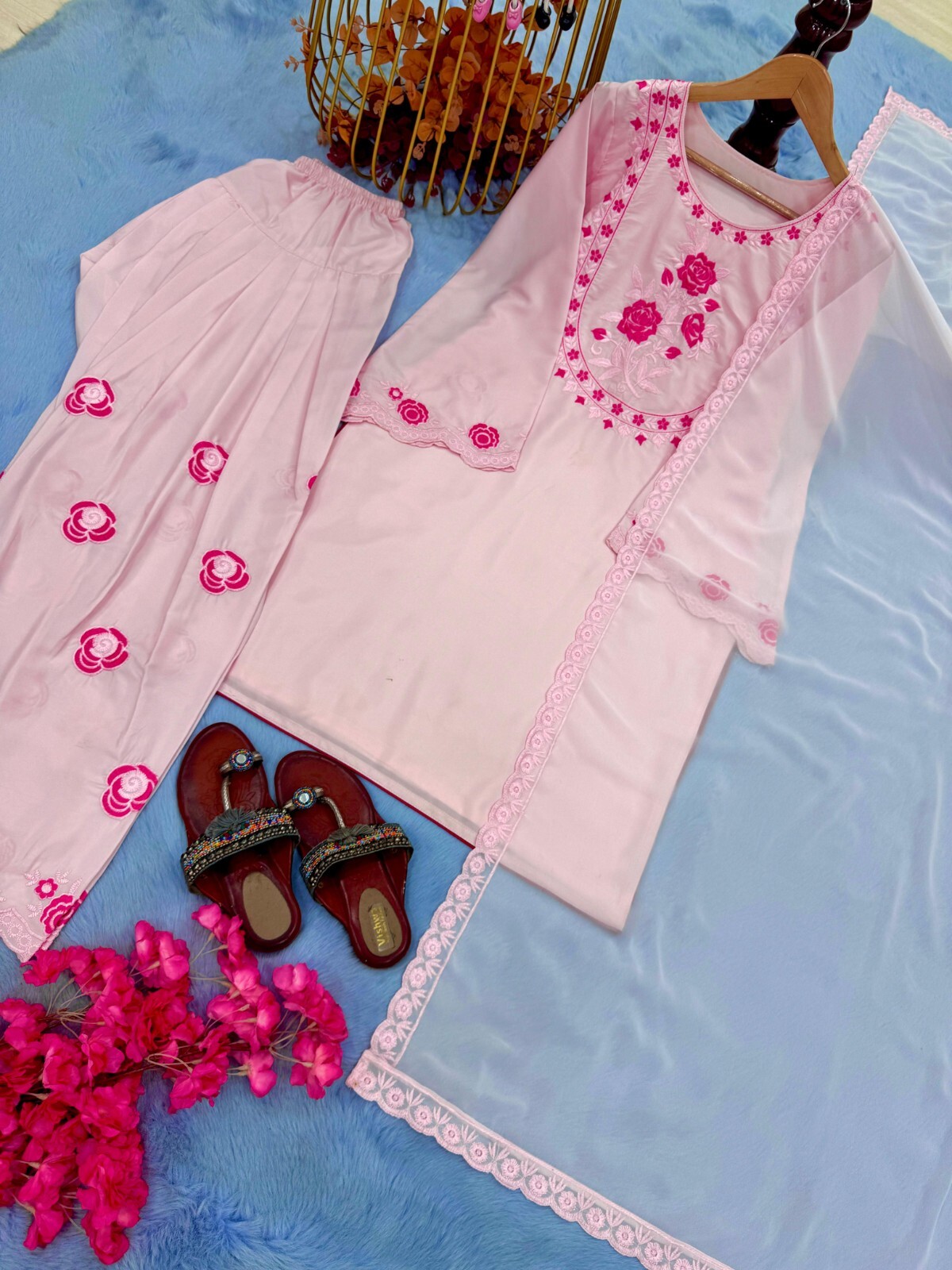 Beautiful Pink Silk Salwar Kameez With Faux Georgette Dupatta For Women