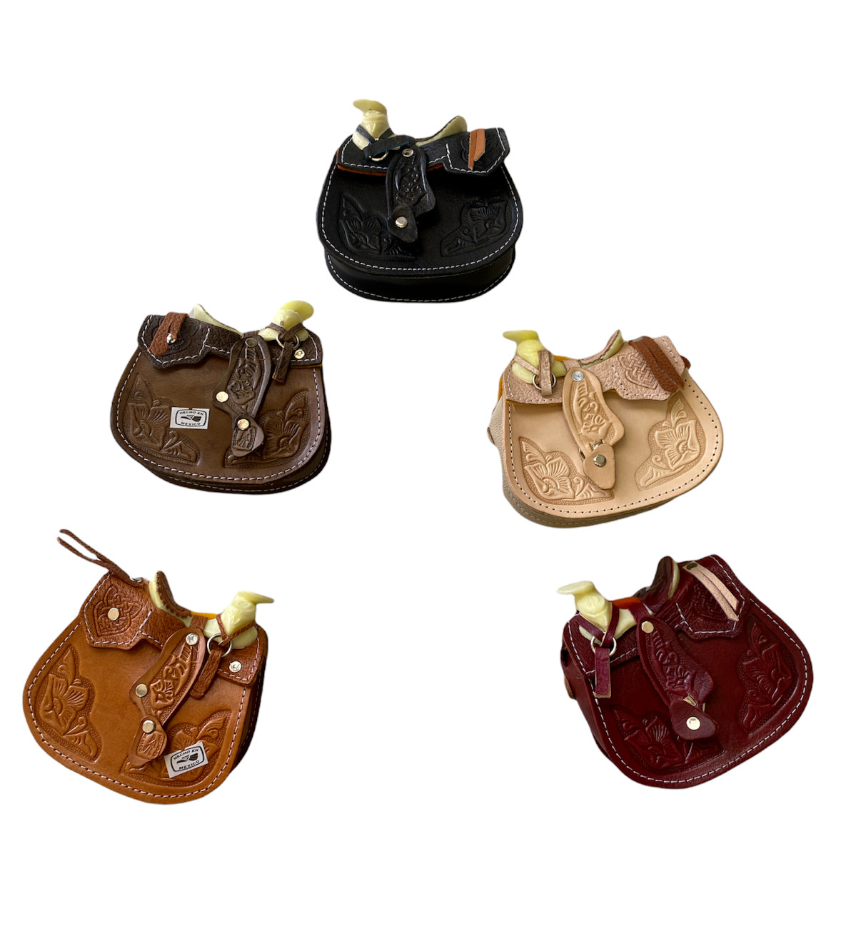 5 PIECE WHOLESALE ,HAND TOOLED LEATHER SMALL SADDLE BAG , CROSSBODY, 4″ X 5″