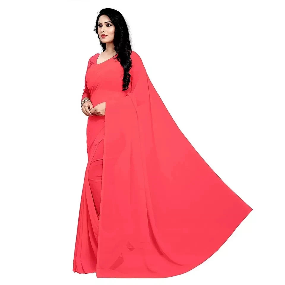 Women’s Georgette Saree With Unstiched Blouse Piece Gajari Red Ethnic Wear 1 Pcs