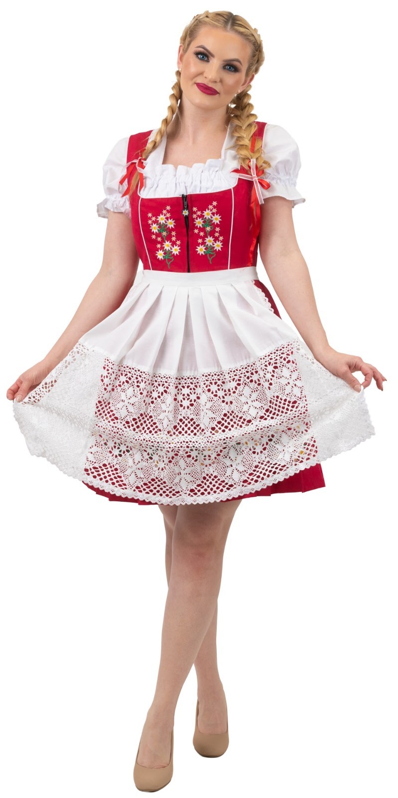 12 M Short Red German Dirndl Dress EMBROIDERED 3 PC SET Oktoberfest Waitress