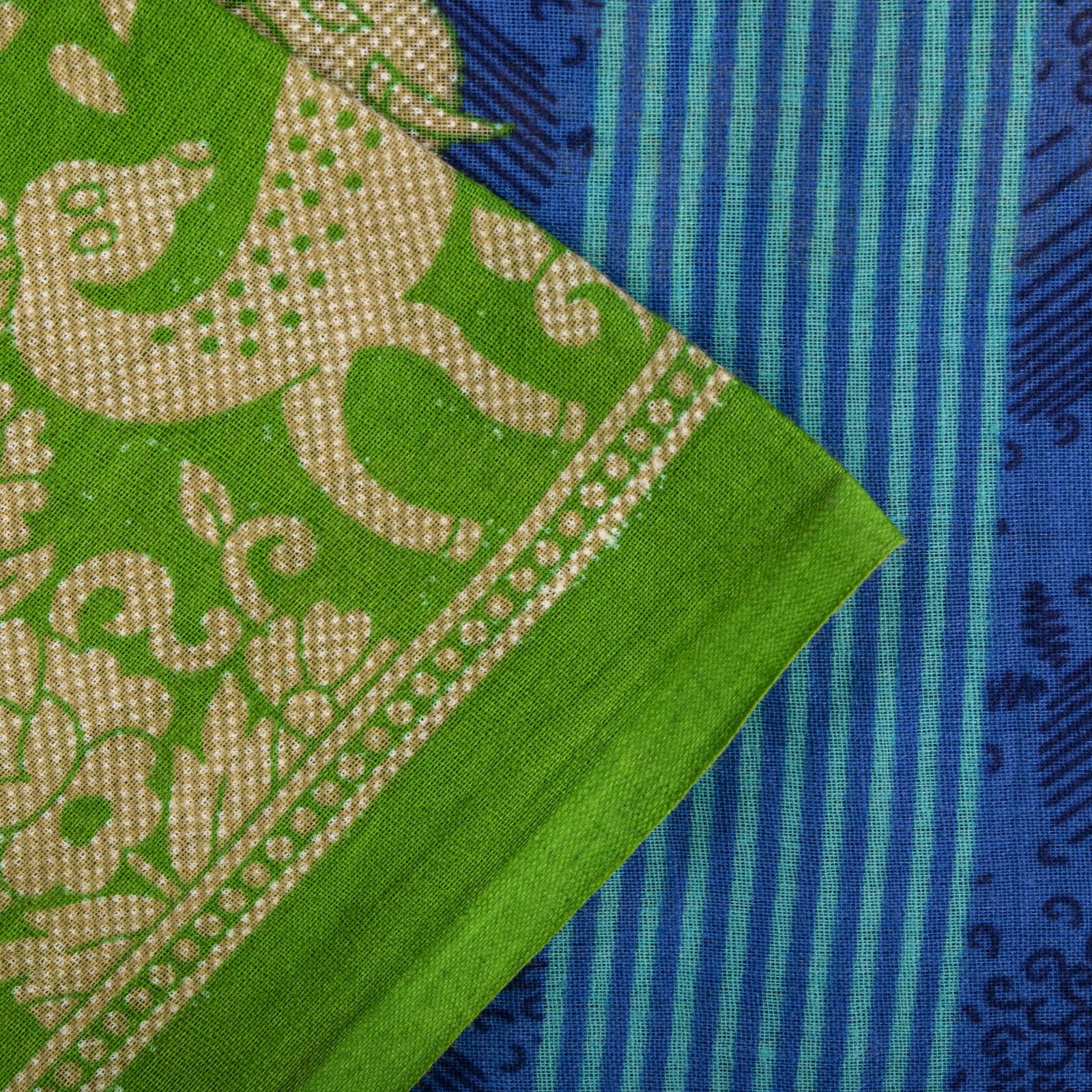 Sanskriti Vintage Saree Blue-Green Pure Cotton Animal Printed Craft Fabric Sari