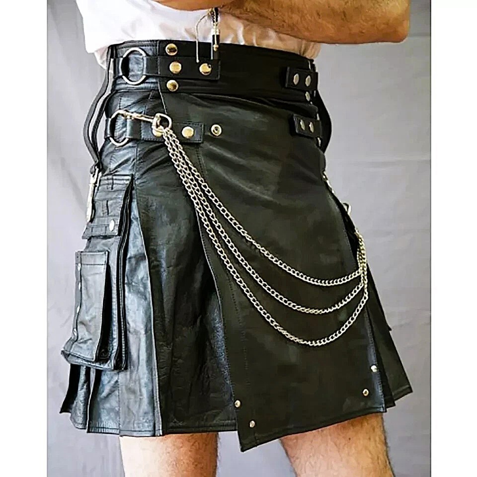 Men’s Unisex Black Genuine Leather Utility Kilt – Gothic Warrior Scottish Style