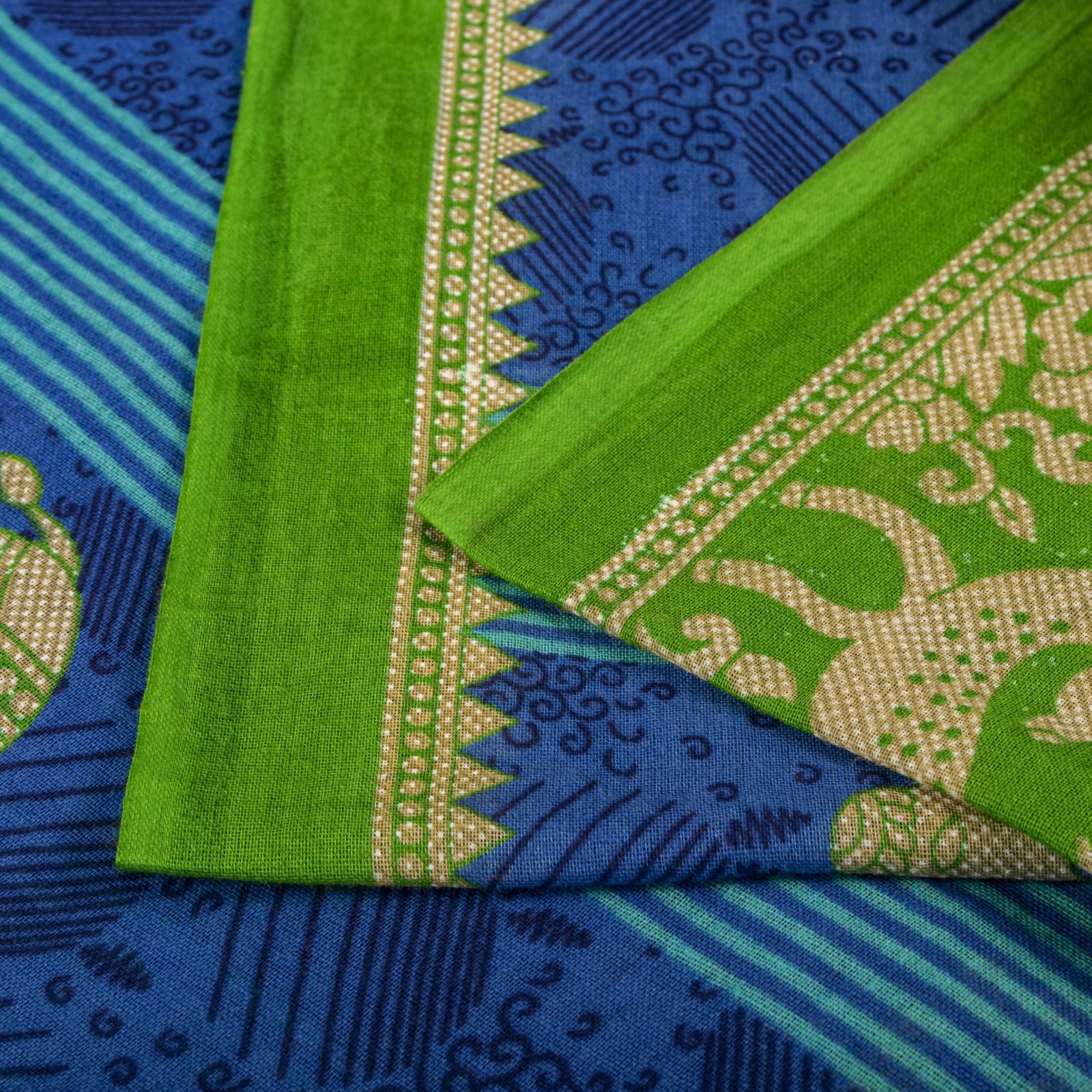 Sanskriti Vintage Saree Blue-Green Pure Cotton Animal Printed Craft Fabric Sari