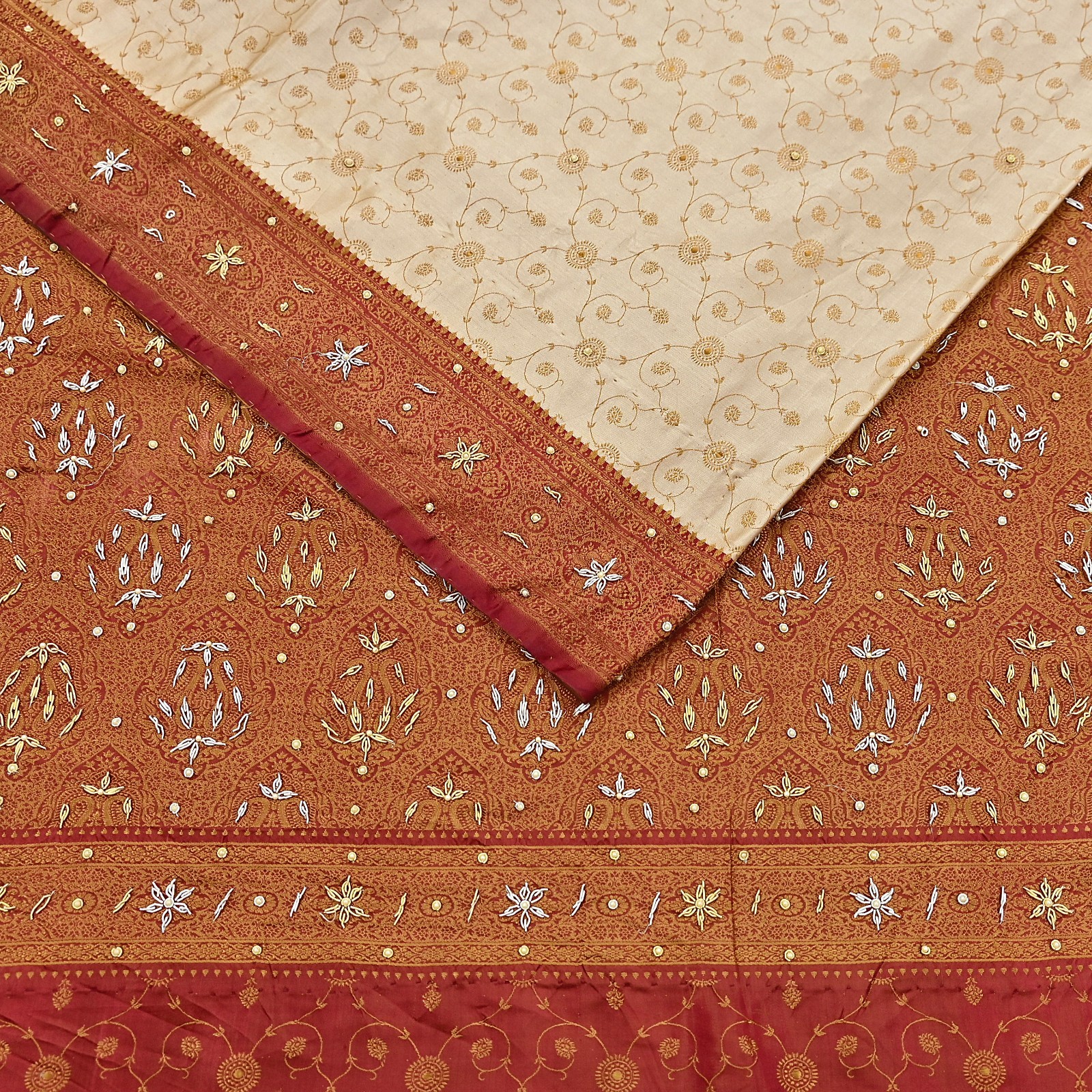 Indian Vintage Beige & Maroon Heavy Saree Pure Satin Silk Hand Embroidered 5yd