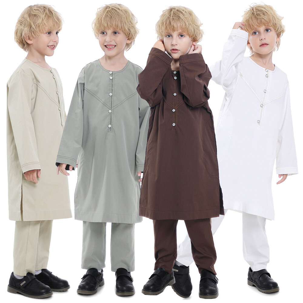 Arab Boys Kids Tops Pants Set Muslim Thobe Thoub Jubba Robe Islamic Dress Abaya
