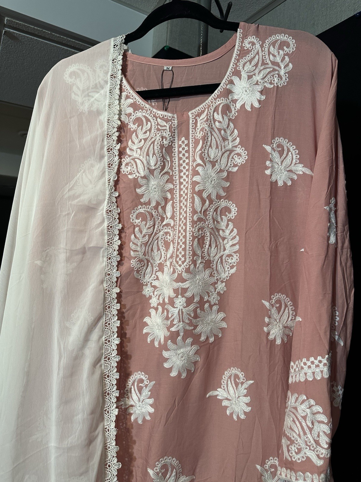 Beautiful soft linen Front & back emb-3 pc suit-emb plazo, laced dupatta-$40