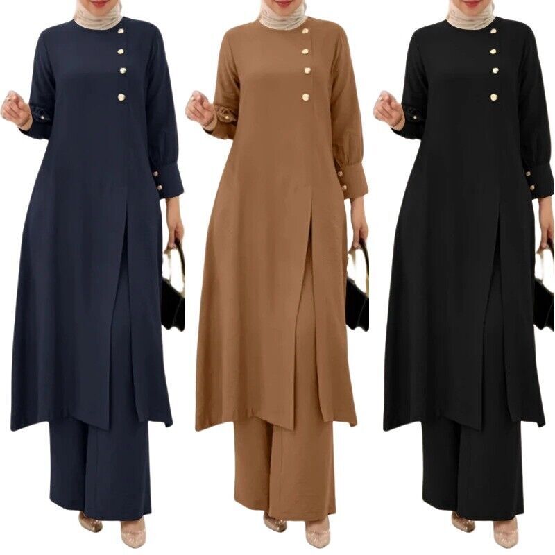 2 Pcs Long Shirt Pants Sets Abaya Islamic Dress Muslim Blouse Outfits Arab Robe
