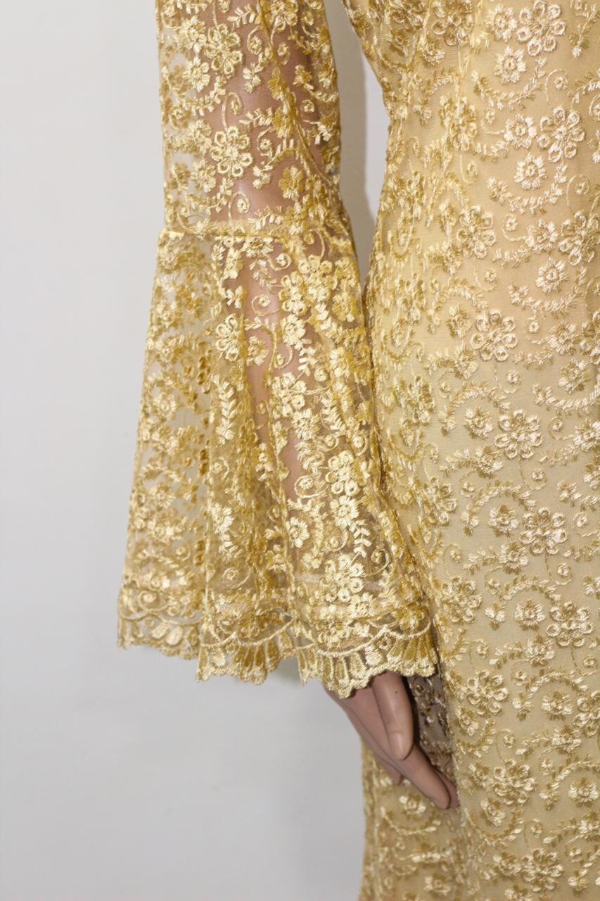 Indian Pakistani Beige Gold Lace Anarkali Suit With Green Jamawar Cigarette Pant
