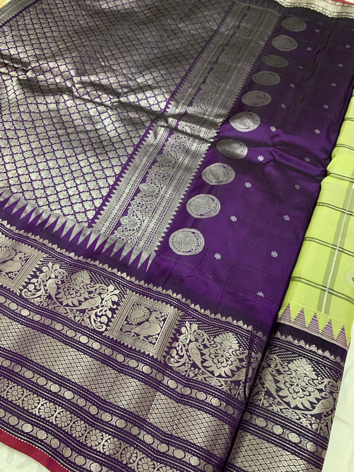 Lime Green and Purple Gadwal Silk Saree Sari wedding Partywear Bridal