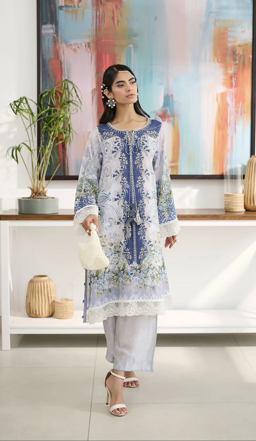 Brand New Pakistani Dhanak Brand Blue Silk Handwork 2 Pc – Large